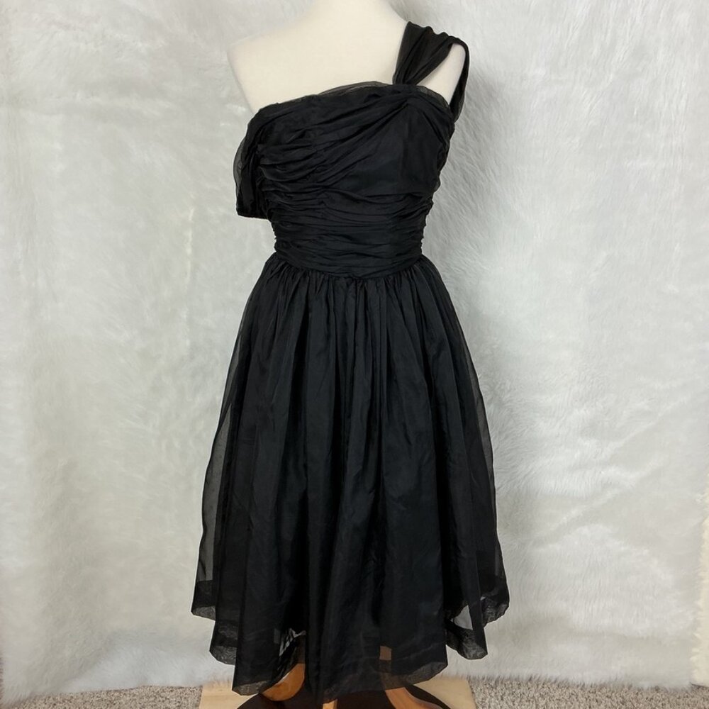 Vintage 40s 50s Black One Shoulder Chiffon Cocktail Midi Dress XXS/XS